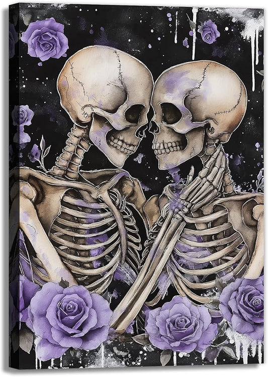 Skull Canvas Wall Art Couple Skeleton Holding Each Other Picture Art Poster Abstract Lover Painting Modern Artwork Horrible Halloween Decor(Artwork-2,16"x24")