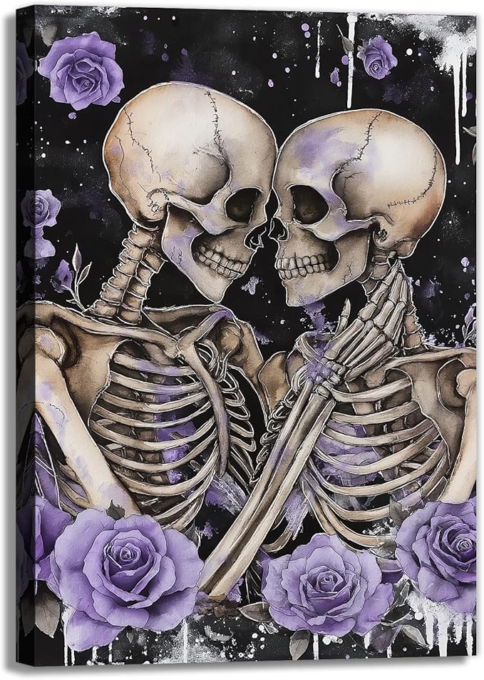 Skull Canvas Wall Art Couple Skeleton Holding Each Other Picture Art Poster Abstract Lover Painting Modern Artwork Horrible Halloween Decor(Artwork-2,28"x42")