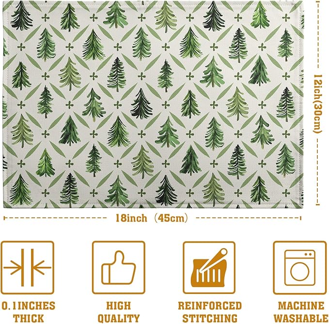 Sage Green Pine Tree Christmas Placemats Set of 4 Xmas Farmhouse Rustic Style Print Place Mat Seasonal Winter Holiday Linen Table Mats for Indoor Outdoor Kitchen Dining Party Decor