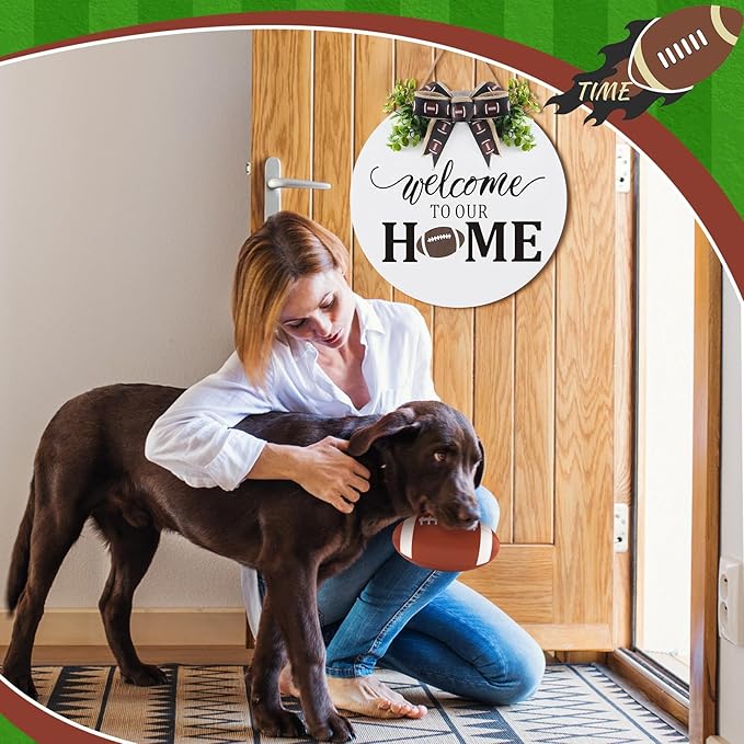 Hello Fall Football Sign for Front Door Thanksgiving Wooden Hanging Sign Fall Welcome Wreaths with Bow Turkey Farmhouse Wall Decoration for Home Autumn Harvest Front Porch Decor(Home)