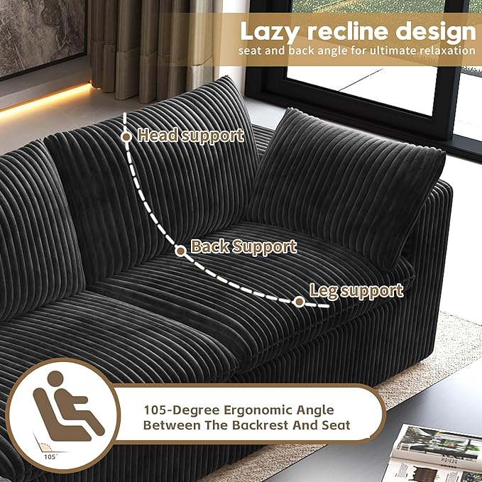118" V Shaped Corner Modern Sofa Modular Sectional Cloud Couch,Deep Seat Upholstered Couches with Plush Corduroy Fabric for Living Room Furniture,Bedroom and Apartment,No Assembly Required,Black