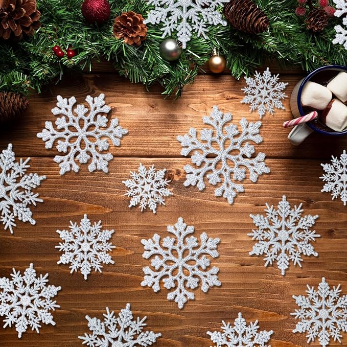 36pcs Christmas Silver Snowflake Ornaments Plastic Glitter Snow Flakes Ornaments for Winter Christmas Tree Decorations Size Varies Craft Snowflakes