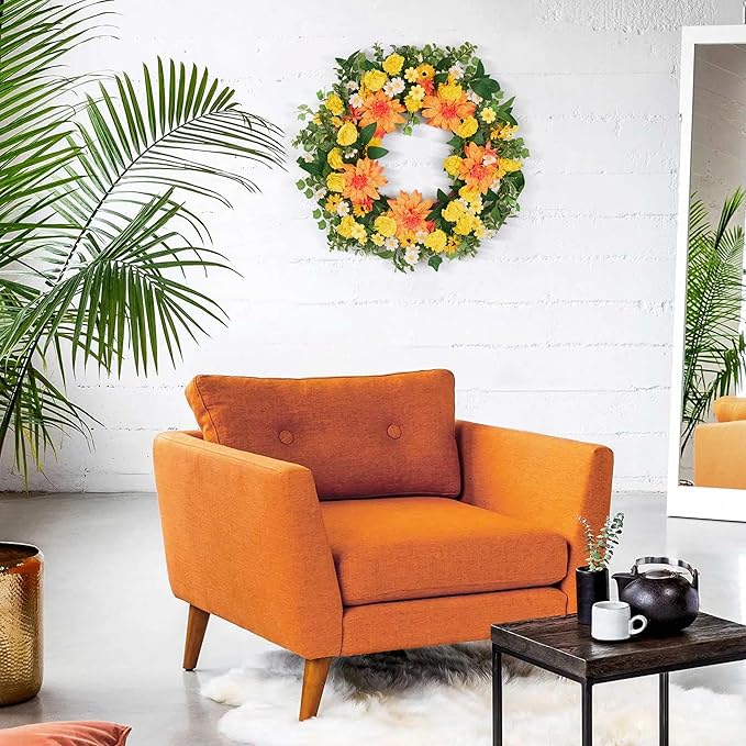 GENMOUS 24Inch Fall Wreaths for Front Door, Autumn Wreath with Dahlias and Daisy, Flower Wreath Home Decor for Autumn Thanksgiving Farmhouse Indoor Wall Window Garden Porch Fall Decor