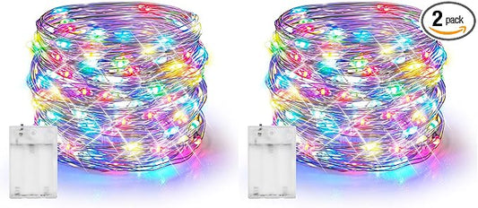 Dazzle Bright Fairy Lights Battery Operated, 2 Pack Total 40FT 120LED Silver Wire Waterproof String Lights, Christmas Decorations for Indoor Outdoor Bedroom Yard Decor, Multi-Colored