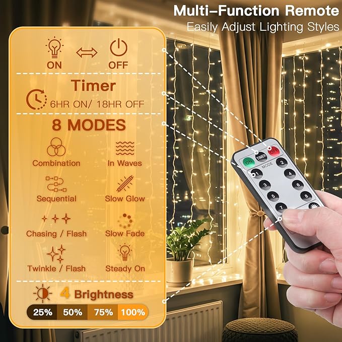 suddus Curtain Lights for Bedroom, 150 Led Hanging String Light Outdoor, Fairy Curtain Lights Indoor for Christmas, Dorm, Wall, Backdrop, Window, Wedding, Party, Birthday Decor, Warm White