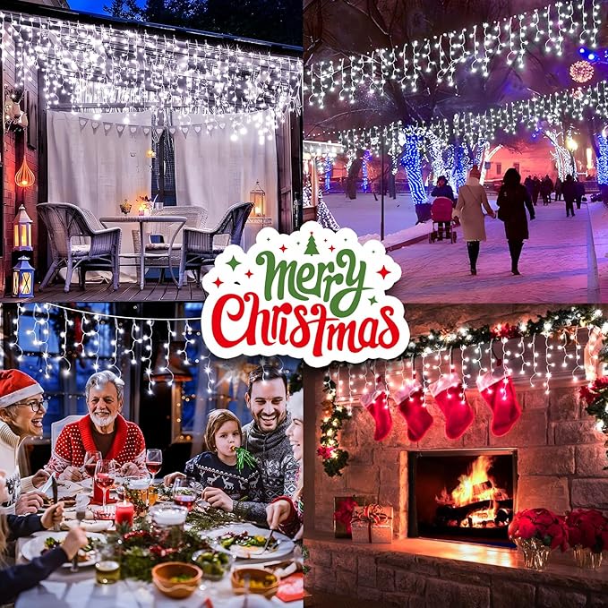 KNONEW Christmas Lights Outdoor Decorations 400 LED 33ft 8 Modes Curtain Fairy String Light with 75 Drops, Clear Wire LED String Light Decor for Wedding Party Holiday Christmas Decorations Cool White