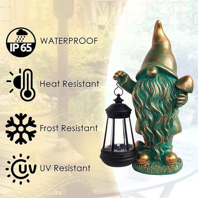 JOYBEE Garden Statues Gnomes with Solar Lantern Outdoor Decor-Gnomes Solar Figurines Lights Decorations for Patio Yard Lawn Ornaments-Gifts for Birthday Easter Housewarming