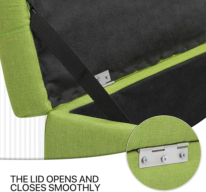 MoNiBloom 42 Inch Long Bench with Storage, Modern 40L Inner Space Green Linen Foot Stool for Bedroom, Upholstered Padded Rectangular Fabric Tufted Bench Footrest with Wood Legs with 660 Lbs Capacity