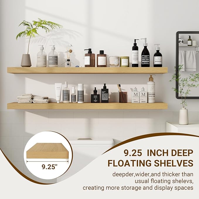 48 Inch Floating Shelves, 3D Textured Wood Grain, 48"x9.25"x1.5" Inch Deep Floating Shelves for Wall, Wooden Shelves for Bathroom, Bedroom, Living Room, Natural