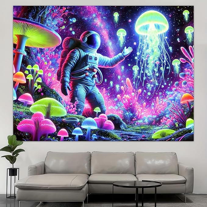 BlissYard Blacklight Astronaut Jellyfish Tapestry Trippy Mushroom Tapestry UV Reactive 59X78 inch Fantasy Plants Wall Tapestry Psychedelic Neon Galaxy Space Tapestry Wall Hanging for Room Boys Poster