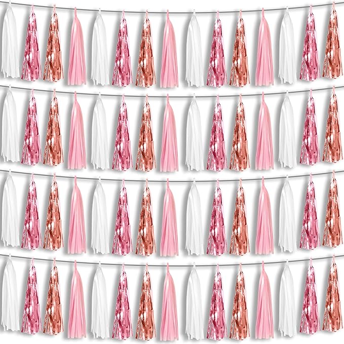 4P Pink White Peach Rose Gold Tassels Party Tassel Garland Banner, Tassels Banner Streamers for Parade Floats, Bachelorette, Wedding, Birthday, Christmas, Bridal/Baby Shower Party Decorations