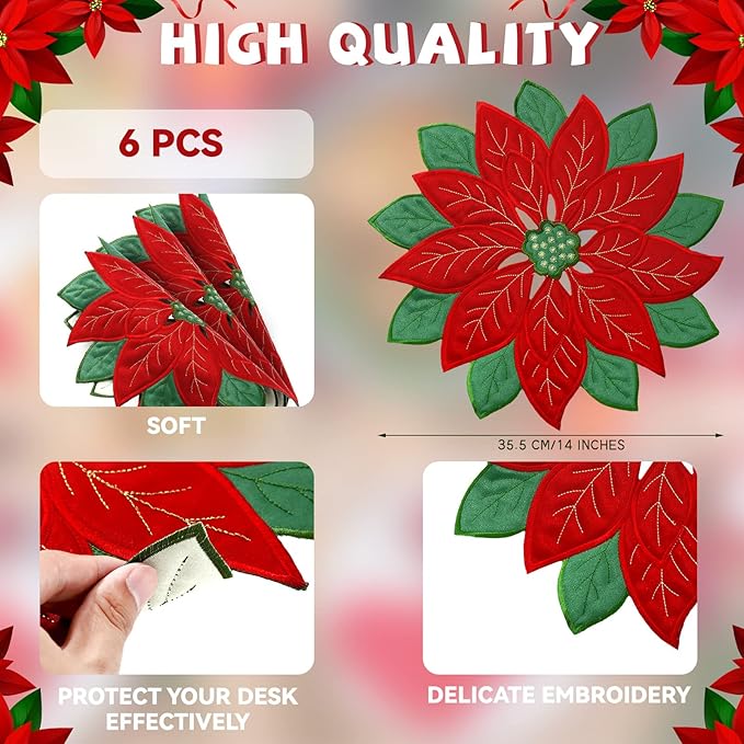 Christmas Placemats Set of 6 Christmas Embroidered Placemats 14 x 14 Inch Red Round Double Layer Applique Poinsettia Xms Flower Place Mat Table Decorations for Home Dining Holiday