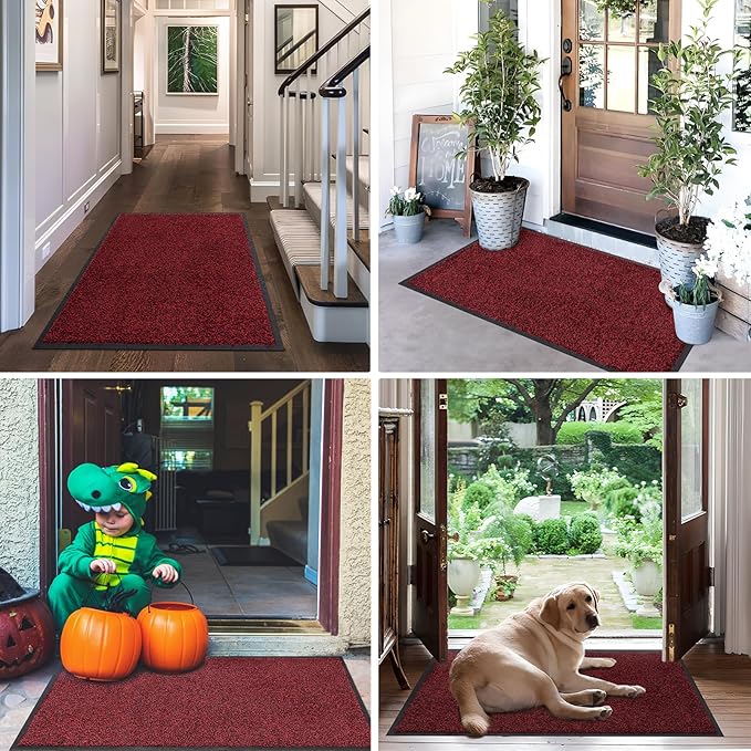 Mibao Front Door Mat, Dirt Trapper Welcome Mat for Outdoor Indoor, Non-Slip Waterproof Doormat, Durable Machine Washable Low Profile Entry Rug for Back Door Outside Patio Porch, 30" x 18", Red
