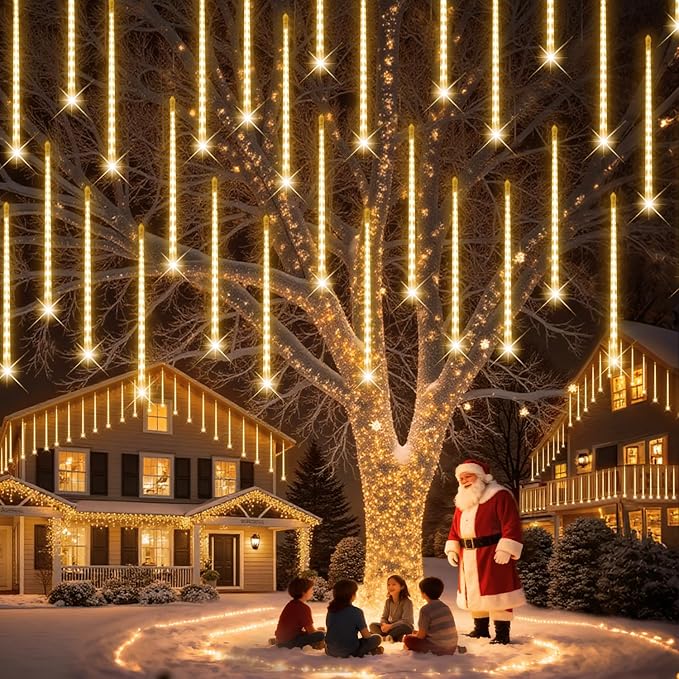 PEMOTech Christmas Lights Outdoor, 16 Tubes 40cm 576 Led Meteor Shower Lights, Waterproof Christmas Decorations Icicle Light for Xmas Tree Halloween Party, Ul Plug,Warm White