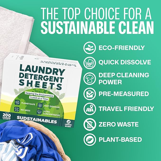 Sudstainables Laundry Detergent Sheets (200 Loads) – Eco-Friendly, Zero Waste, Plastic-Free Laundry Washing Machines Soap Sheets; Dissolvable, Space-Saving Strips for Travel (Lemon)