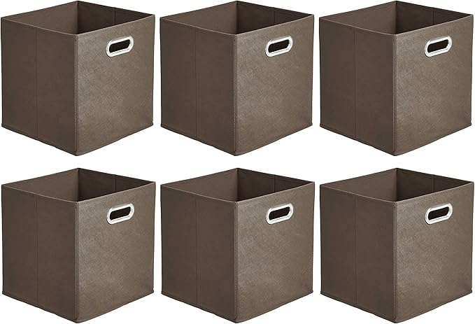Amazon Basics Collapsible Cube Storage Organizer Bins, 6-Pack, 10.5 x 10.5 x 11 inches, Taupe