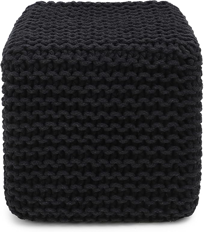 REDEARTH Cube Pouf Foot Stool Ottoman - Hand Knitted Poof - Cord Boho Pouffe - Home Décor - Stuffed Footrest for Living Room - Bedroom - Covered Patio (16" x 16" x 16") - Black