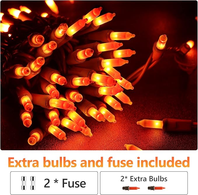 ODEETRONIC Orange Halloween Lights, 21.63ft 100 Count Orange Incandescent Lights Connectable, Plugin Outdoor Tree Light, Mini Indoor String Light for Room Party Haunted House Decor, Brown Wire