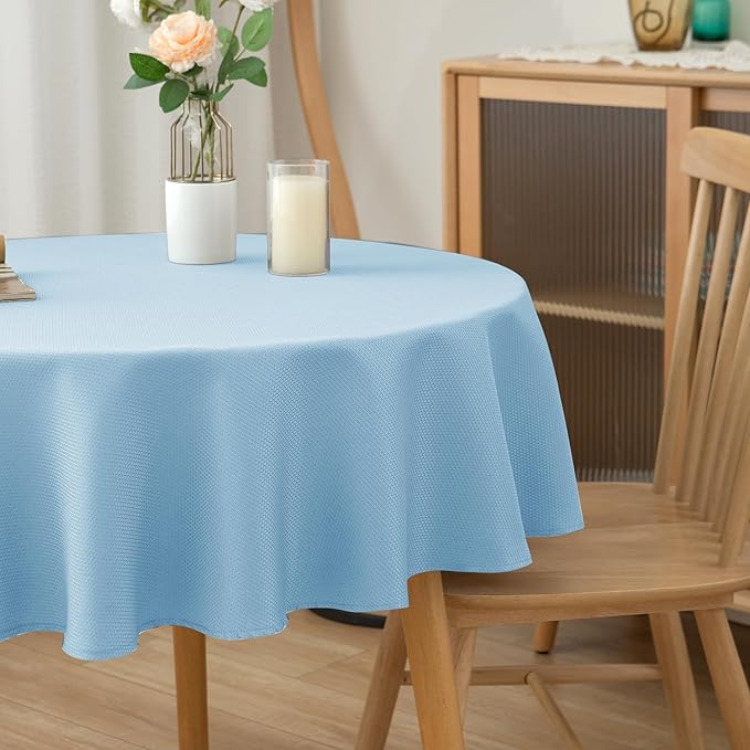 Biscaynebay Textured Fabric Round Tablecloths 70", Light Blue Water Resistant Table Cloth Circle Folding Table Covers for Dining, Kitchen, Wedding, Parties etc. Machine Washable