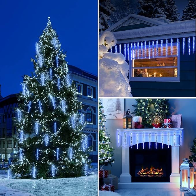 Brightown Christmas Meteor Shower Icicle Lights Outdoor, 30ft with 30 Tube 720 LED Dropping Effect, Waterproof Decorations for House Eave Roofline, Blue
