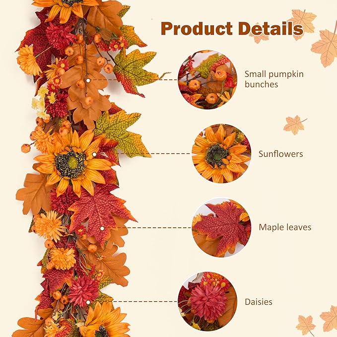 GENMOUS 6ft Fall Maple Leaves Garland, Artificial Sunflower Autumn Wreath with Small Pumpkins Home Decor for Thanksgiving, Halloween, Wedding, Fireplace Porch Indoor Outdoor Fall Decoration