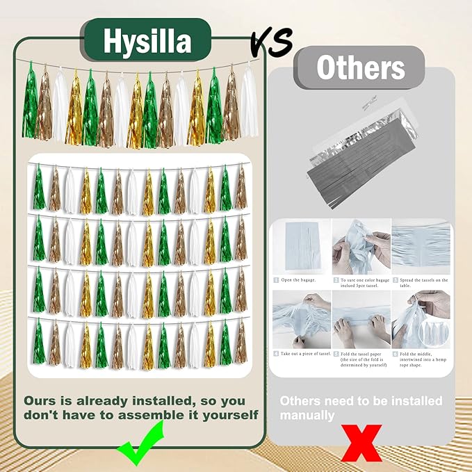 4P Sage-Green Beige-Mint Gold Foil Fringe Metallic Tassel Garland Banner, Tassels Banner Streamers for Parade Floats, Bachelorette, Wedding, Birthday, Christmas, Bridal/Baby Shower Party Decorations