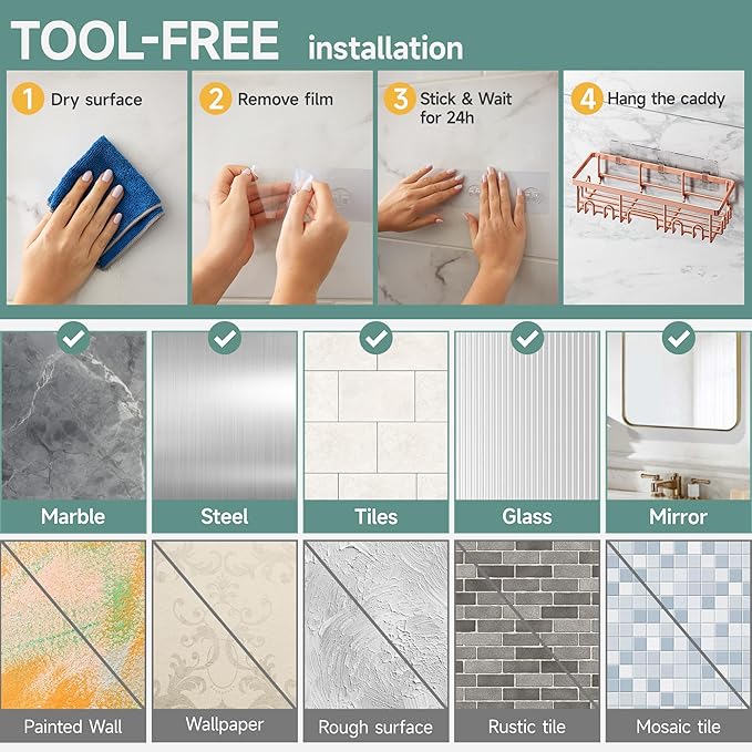 Veken Shower Caddy 6-Pack, No Drilling & Rustproof, Waterproof Adhesive Shelves Rack with Soap Holder, Large Capacity Bathroom Organizers and Storage, Wall-Mounted Kitchen & Home Decor