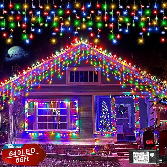 Icicle Christmas Lights Outdoor, 66FT 640 LED Icicle Lights for Outside with 8 Modes Timers, Waterproof Plug in Connectable String Light for Indoor Home Fence Yard Party Decorations, Multicolor