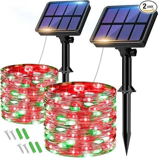 btfarm 2 Pack Solar String Lights Outdoor, 160LED 66FT Solar Fairy Lights Waterproof 8 Modes, Red Green Copper Wire Solar Powered Twinkle Lights for Outside Tree Garden Christmas Wedding Party Decor