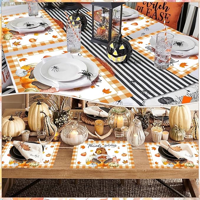 Paper Placemats Disposable 50 Pack Autumn Gnome Pumpkin Placemats 16x 11 Inch Thanksgiving Day Farmhouse Orange Buffalo Plaids Table Mats for Home Party Kitchen Dining Table Decoration