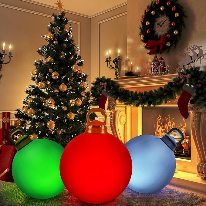 Jetec 3 Pcs Outdoor Light Up Christmas Ball Decorations Large Christmas Inflatable PVC Decorated Balls with Light 24 Inch,18 Inch Xmas Ornaments for Yard Lawn Porch(Red, Silver, Green)