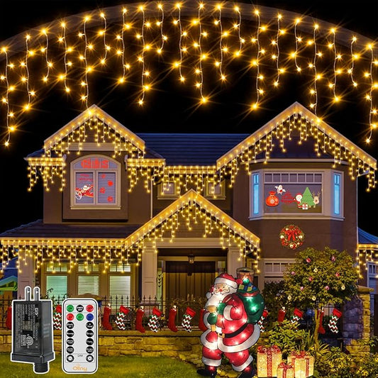 Ollny Icicle Lights Outdoor Warm White, 594LED 49FT Christmas Lights with Remote 8 Modes Dimmable, Waterproof Connectable Timer Hanging Lights for House Outside Yard Indoor Decorations