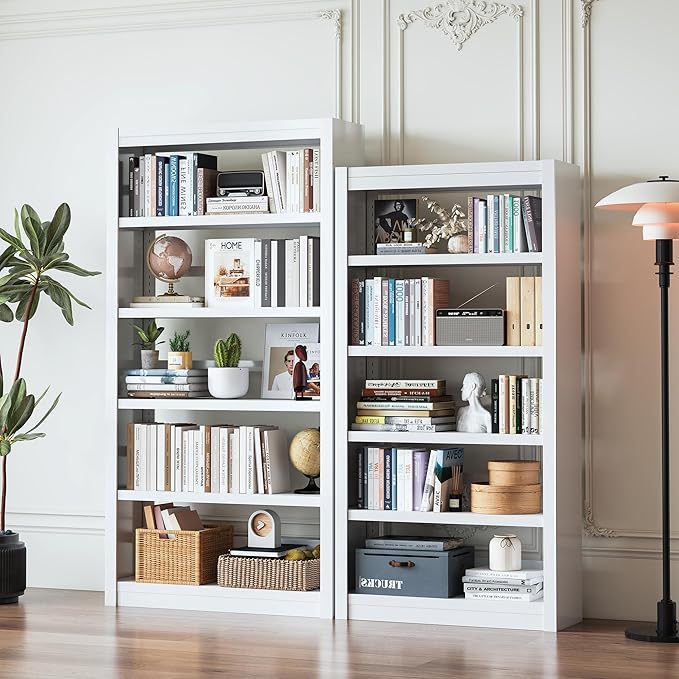 61" H Metal Bookshelf, 5 Tier Adjustable Bookshelf, White Small Bookcase, Bedroom Bookshelves and Bookcases, Modern Book Shelf for Living Room, Office, Easy Tool-Free Assembly