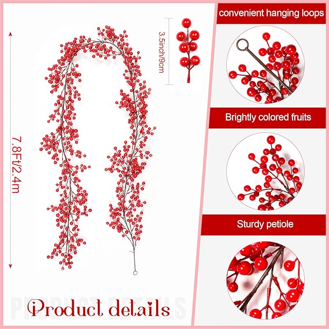 Joyhalo Red Berry Garland - 8.9 FT Christmas Holly Berry Vine for Christmas Tree, Winter Berry Garland for Mantle Xmas Tree Window Door Hanging Indoor Outdoor Holiday Decoration