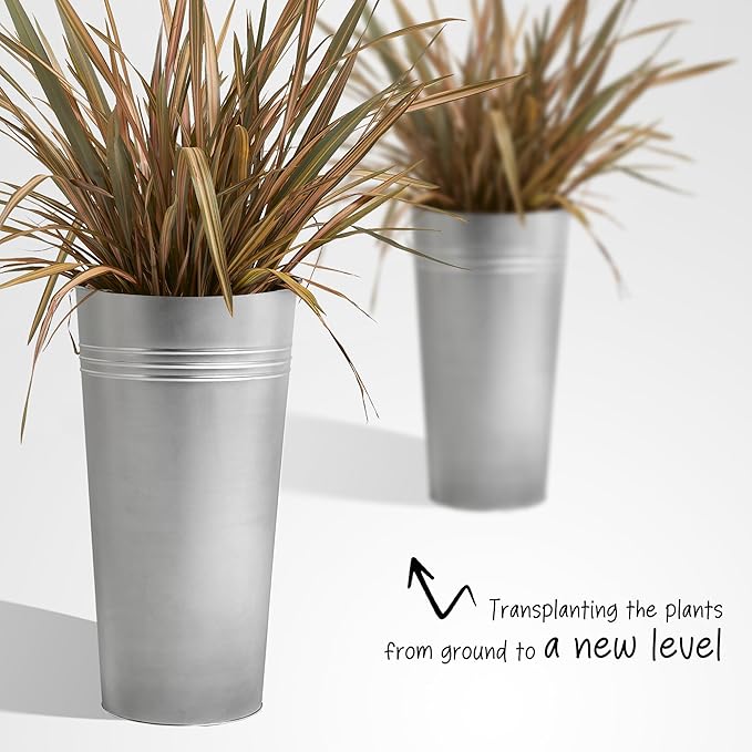 KOL 28'' Tall Galvanized Steel Planter Pot - Flower Pot with Water Level Indicator for Plants - 2-Pack Self Watering Planters - Round Silver Powder Metal Planter Box - Indoor Outdoor Grande Plant