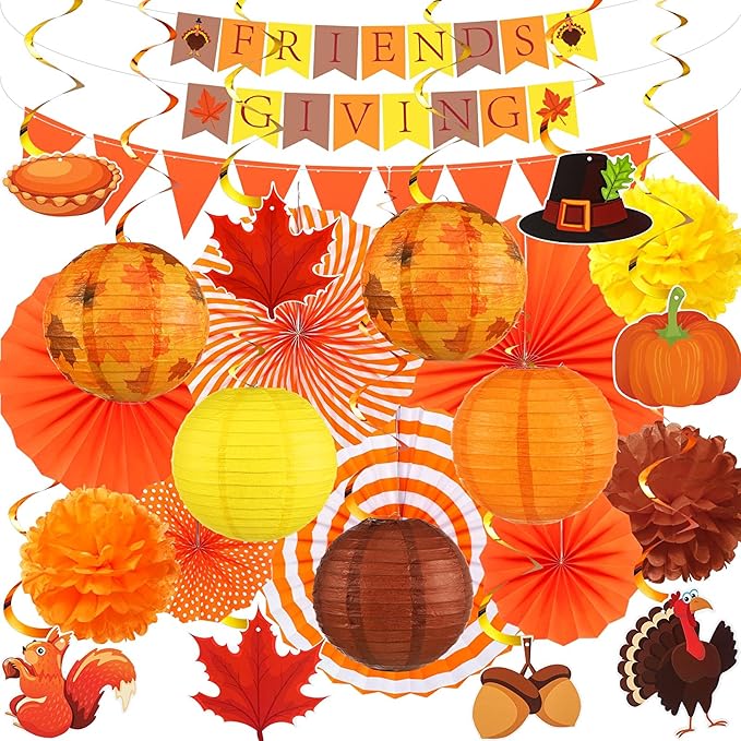 28 Pcs Fall Party Decoration Thanksgiving Party Supplies Include Friends Giving Banner Autumn Paper Lanterns Pom Pom Hanging Fans Bunting Garland Swirl Streamers for Thanksgiving Harvest