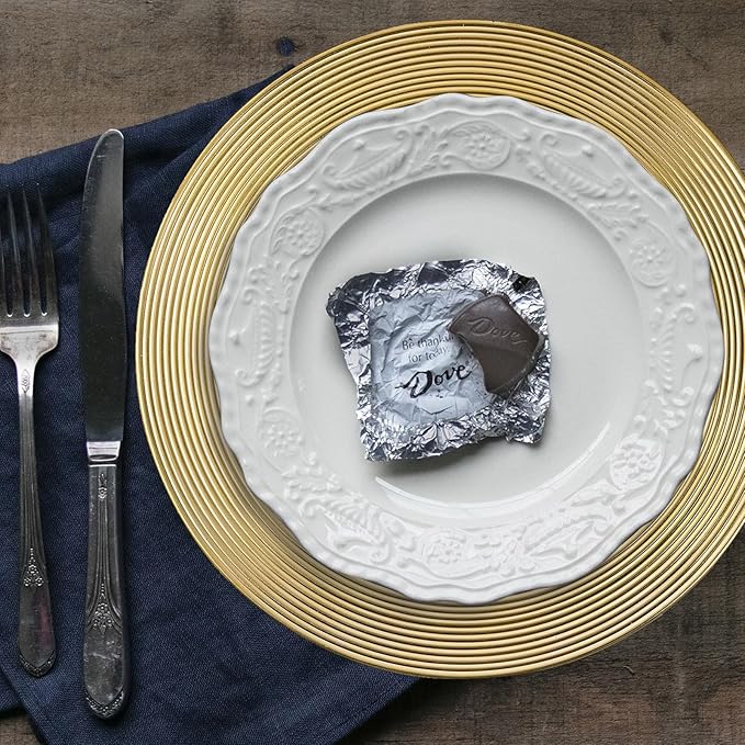 13" Round Charger Plates, 6 pack Ring Pattern Plastic Chargers for Dinner Plate, Vintage Charger Plates Bulk Wedding, Metallic Foil Gold