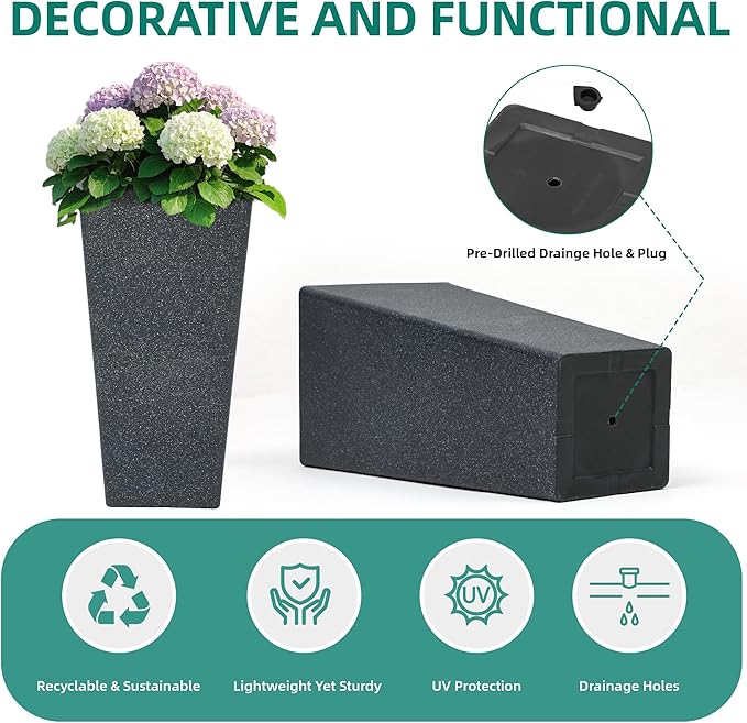 28" Large Tall Planters for Outdoor Plants, Set of 2 V-Shaped Planter Box with Black Terrazzo Look, Durable and Weather Resistant, Ideal or Garden, Patio, Porch or Home use.