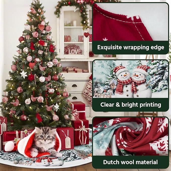 Christmas Tree Skirt 48 Inch, Red Snowman Trucker Xmas Tree Skirts, Winter Christmas Trees Mat for Home Party Holiday Indoor Outdoor Decorations