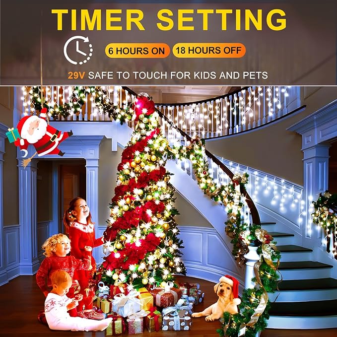 KNONEW 99FT 1216 LED Christmas Lights Outdoor Decorations 8 Modes White Curtain String Light with 228 Drops, Clear Wire LED String Light Indoor Decor for Wedding Party Holiday Christmas