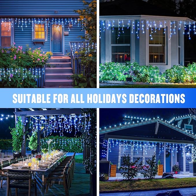JMEXSUSS Blue&White Icicle Lights - 38.8FT 400 LED Icicle String Lights with Remote for Indoor/Outdoor, House, Bedroom, Fireplace, Birthday, Christmas Decorations