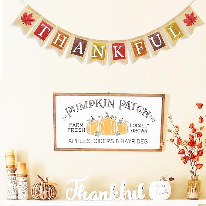 Thankful Burlap Banner with Maple Leaves, Happy Fall Thanksgiving Mantle Fireplace Decorations Garland Autumn Harvest Outdoor Home Office Classroom Hanging Decor