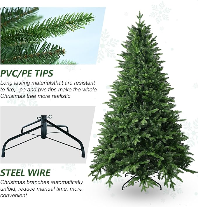 5 FT Artificial Christmas Tree with 1020 PE&PVC Mixed Branch Tips, Unlit Hinged Premium Spruce Fake Xmas Trees, Green, Foldable Base