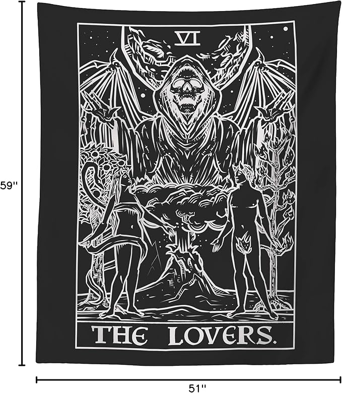 The Lovers Tarot Card Tapestry (Black & White) - Grim Reaper - Gothic Couple Halloween Home Decor Wall Hanging (59" x 51")