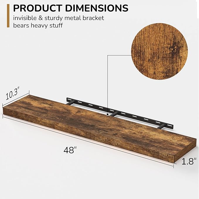 Floating Shelves - 10.23 Inch Deep Wall Shelf for Decor & Storage - Wall Mounted Display Shelving with Invisible Heavy-Duty Metal Bracket - 48" W x 10.23" D x 1.8" H - Set of 1 - Rustic Brown