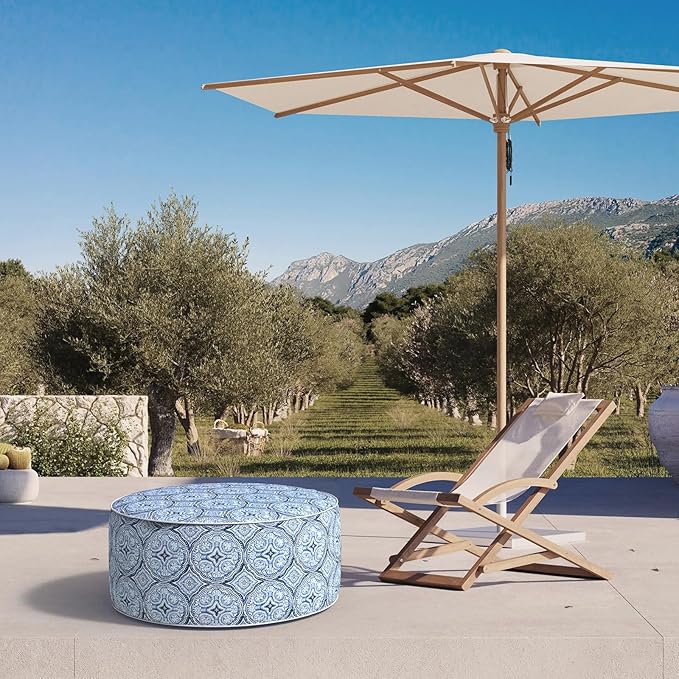 Inflatable Ottoman Stool D31 xH14 for Outdoor/Indoor Use, Water Repellent Patio Foot Rest Stool with Portable Handle,Round Pouf Ottoman Suitable for Garden,Deck and Camping - Medallion Blue