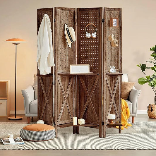4 Panel Pegboard Display with 16 Hooks, Wooden Pegboard Room Divider Wall with Shelf, Rustic Room Dividers and Folding Privacy Screens, Bedroom, Jewelry Store, Brown