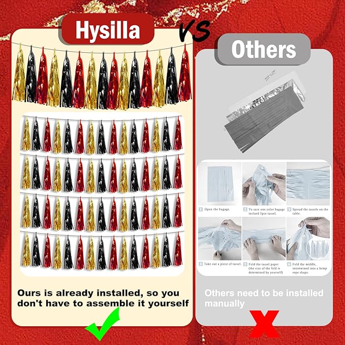 4P Black-Red Gold Foil Fringe Metallic Tassel Garland, Tassels Banner Streamers for Parade Floats, Bachelorette, Wedding, Birthday, Halloween, Christmas, Bridal/Baby Shower Party Decorations