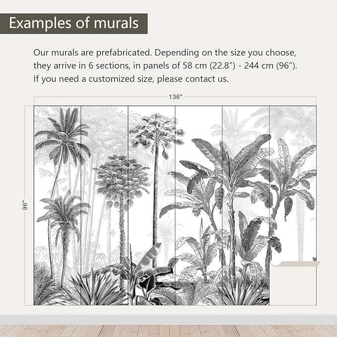 AFZEVEB-Black and White Jungle Wallpaper Hand-Painted Tree Wall murals for Bedroom 136"x96" (Not Peel and Stick)