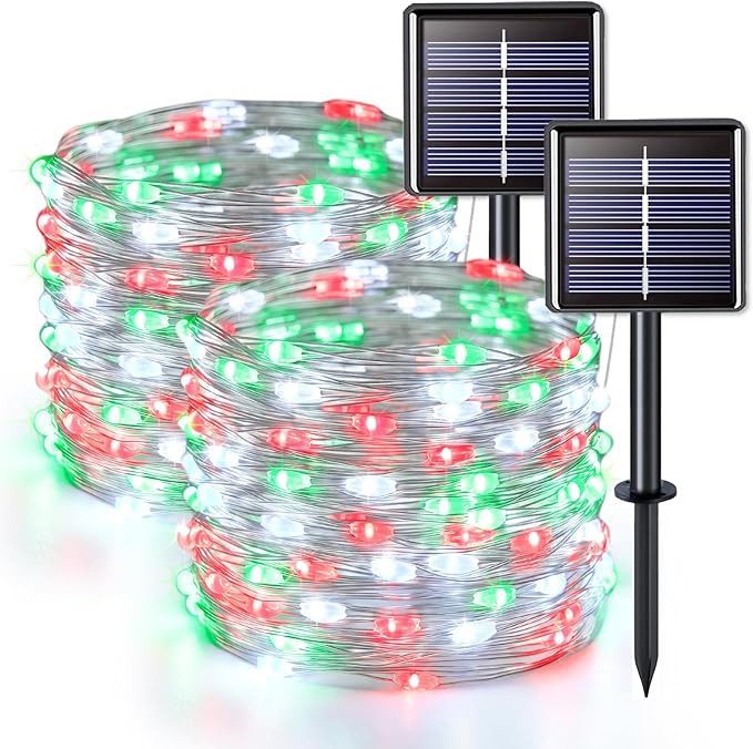 JMEXSUSS 2 Pack Red White and Green Solar Christmas Lights, Each 33FT 100 LED Solar String Lights Outdoor, Waterproof Solar Fairy Lights for Outside Christmas Decorations